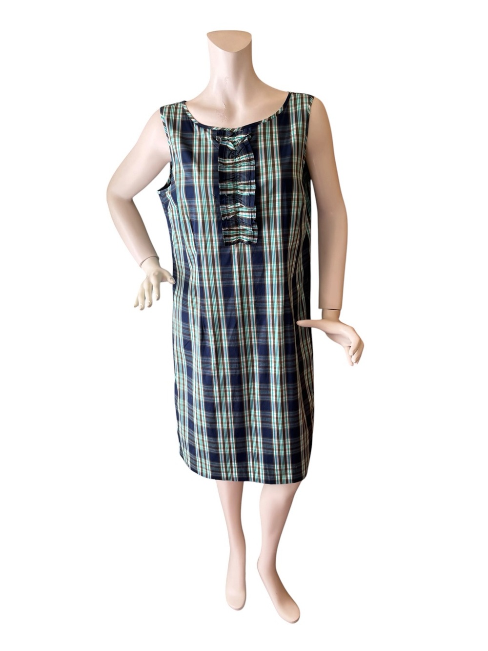 Talbots Cotton Blend Sheath Dress Blue Green Plaid Sleeveless Ruffle Stretch, 12